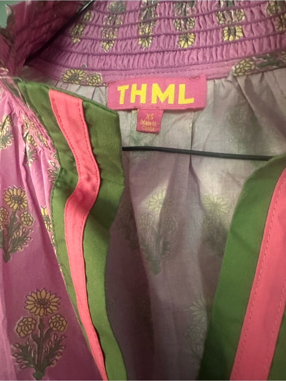 THML Pink Floral Print Short Sleeve Blouse with Green Trim - Picture 3 of 5